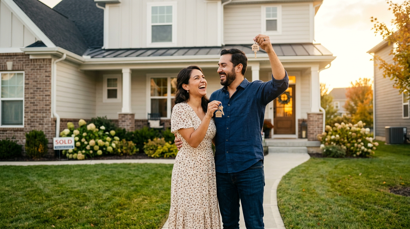 Pareja feliz con las llaves de su nueva casa